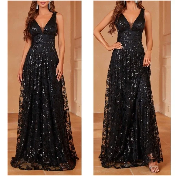 Luxe Floral Sequin Mesh Formal Black Tie Wedding Dress - Picture 1 of 5